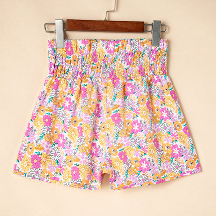 Pink Boho Floral Shirred High Waist Casual Shorts