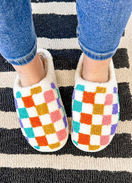 White Vibrant Checkered Plush Thermal Slippers