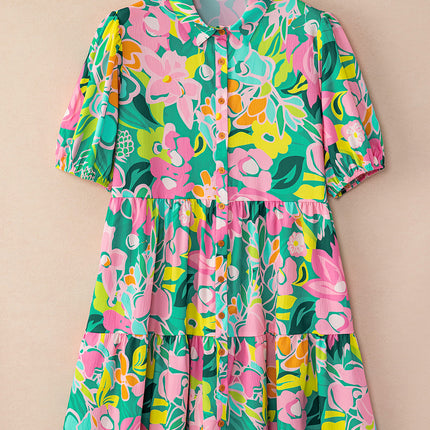 Green Floral Puff Sleeve Collar Buttoned Babydoll Dress