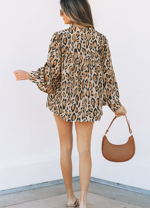Light French Beige Oversized Leopard Print Balloon Sleeve Casual Shirt