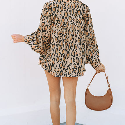 Light French Beige Oversized Leopard Print Balloon Sleeve Casual Shirt