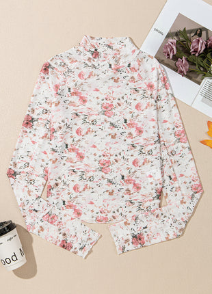 Pink Floral Long Sleeve High Neck Sheath Mesh Top