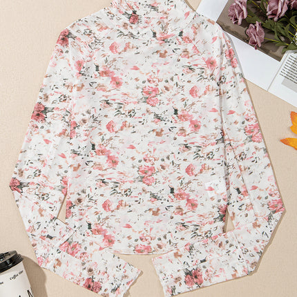 Pink Floral Long Sleeve High Neck Sheath Mesh Top
