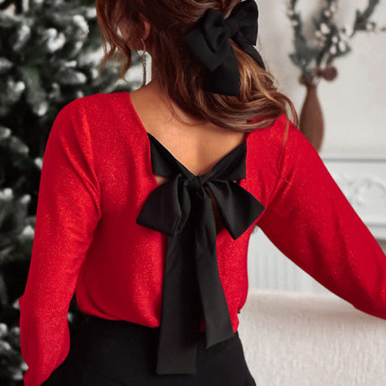 Racing Red Metallic Bowknot Open Back V Neck Top