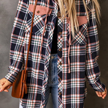 Pink Contrast Hooded Drawstring Plaid Shacket