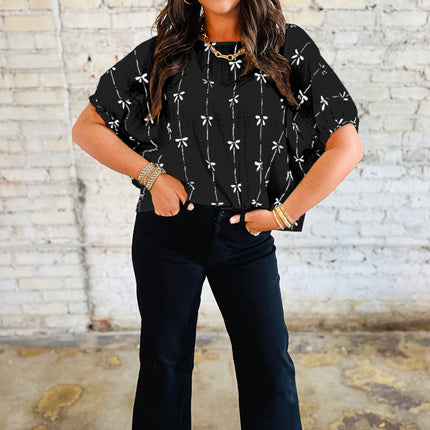 Black Bow Print Puff Short Sleeve Top