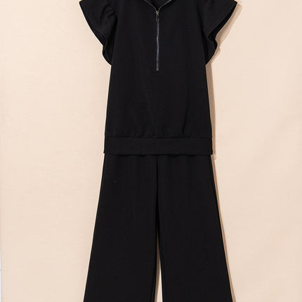 Black Textured Ruffled Sleeve Zipped Top and Wide Leg Pants Set